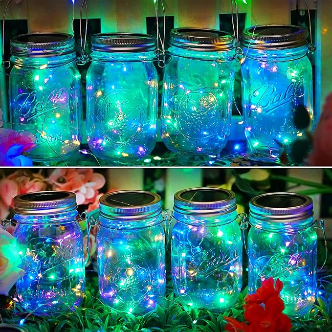 SunKite Solar Mason Jar Lights, 8 Pack 15 LED Waterproof Fairy Firefly Jar Lids String Lights with Hangers(NO Jars), Patio Yard Garden Wedding Easter Decoration - Multicolor