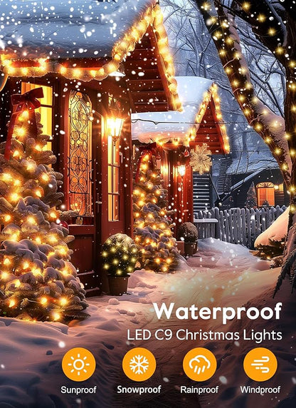 C9 Christmas Lights Outdoor, 114 Feet 150 LED C9 String Lights with Timer & 8 Light Modes, Waterproof Commercial Grade Connectable Christmas Tree Lights for Indoor Outside Roofline Patio, Warm White