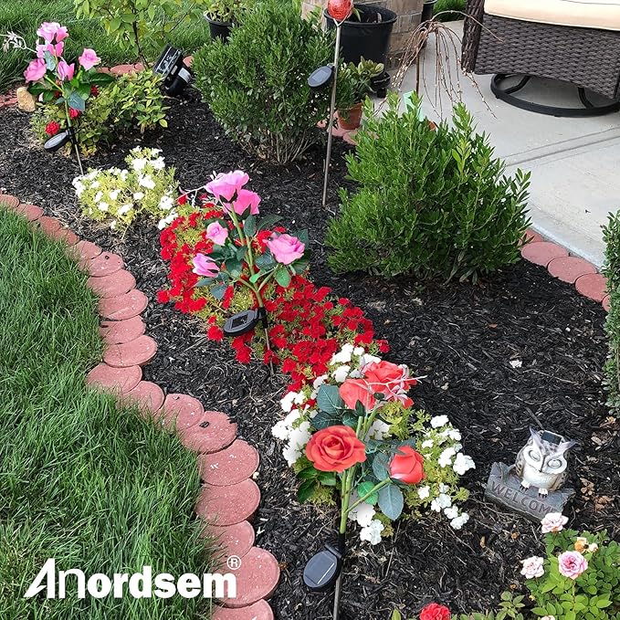Anordsem Solar Garden Lights Outdoor: 10 Waterproof Fabric Roses 2 Pack - Pink LED Flower Decorations for Yard Patio Path Cemetery Grave - Mother's Day Gifts for Her Women Mom Wife
