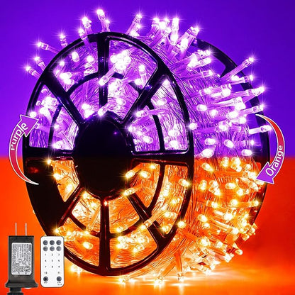 JMEXSUSS Halloween Lights, 8 Modes Waterproof Orange and Purple Light Outdoor Plug in, Clear Wire Halloween String Lights Indoor Bedroom 500 LED Orange and Purple 163 FT