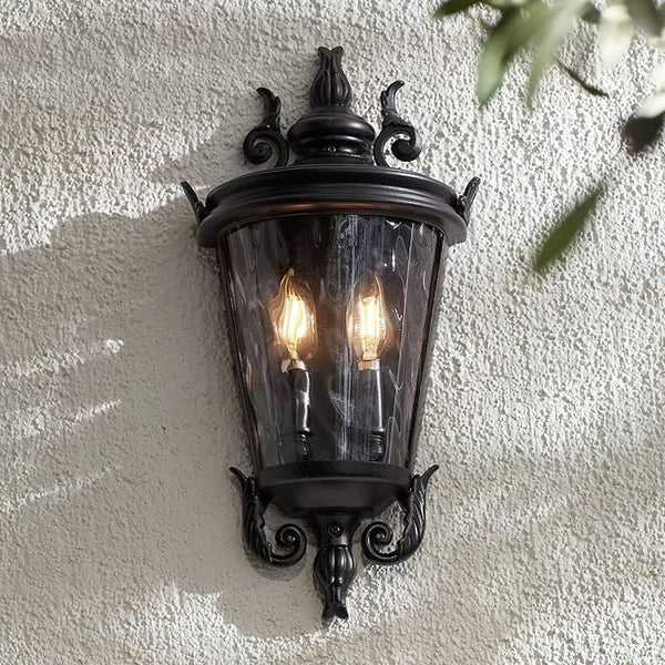 John Timberland Casa Marseille European Outdoor Wall Light Fixture Textured Black Scroll 17" Clear Hammered Glass | Lumora