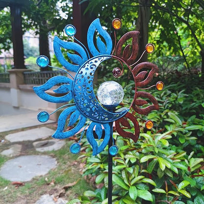 Sun Moon Solar Lights Garden Stake Outdoor Decoration,Sun Moon Crackle Glass Globe Solar Metal Stake Light, Waterproof LED Light for Pathway Lawn Patio Courtyard Backyard(39 Inch)