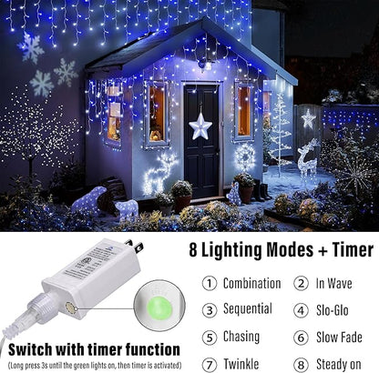 Joomer Christmas Icicle Lights - 66FT String Lights Outdoor Waterproof, 8 Modes Timer Connectable Plug-in String Light for Eaves, Roofs, Christmas Decorations (White+Blue, Non-Connectable)