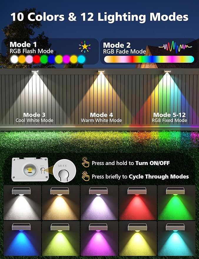 VOLISUN Solar Fence Lights, Fence Lights Solar Powered, IP65 Waterproof LED, RGB Color - Outdoor Path Light | Lumora