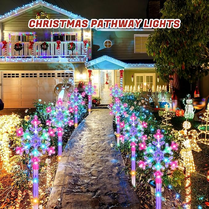 Retisee 10 Pack Snowflake Christmas Lights for Pathway Markers Lights Outdoor 27'' Peppermint Snowflake Pathway Decorations with Bows for Holiday Yard Lawn Walkway(Colorful)