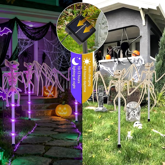 2Pack Halloween Outdoor Solar Garden Light 3D Terrifying Bat Purple Light Pole, Halloween Path Light, Suitable for Courtyard, Garden, and Party Decoration