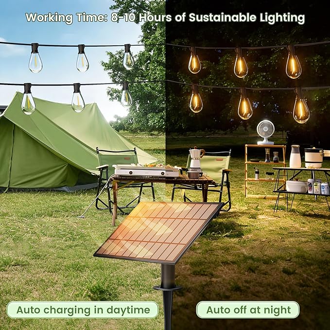 150FT Solar String Lights Outdoor with Remote, USB, Timer & 62 Shatterproof Bulbs, 2200K Soft Warm White, Dimmable | Lumora