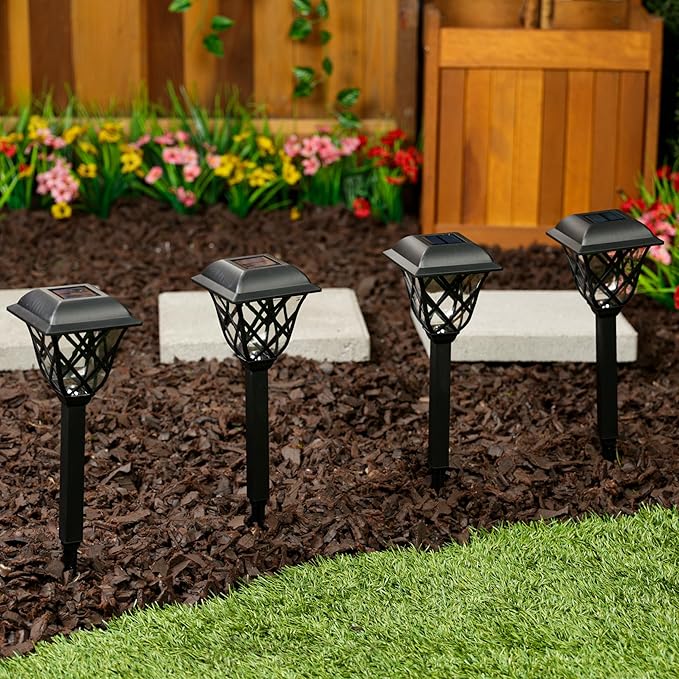 Alpine Corporation 16"H Solar Criss Cross Pathway LED Lights, Weather-Resistant Dusk and Dawn Automatic Light Sensor for Garden Landscapes, Black, Set of 4