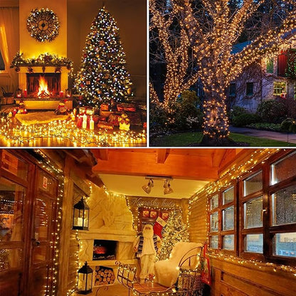kemooie 300 LED Christmas Lights, 99FT Connective Green Wire Tree Lights, Plug in 8 Lighting Modes with Timer, Waterproof for Indoor Outdoor Patio Garden Wedding Party Decoration (Warm White)