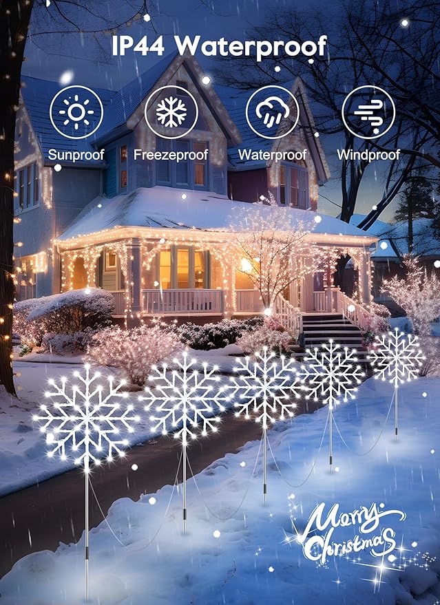 Brightown Large Snowflake Pathway Lights,Total 20-Pack 34" Outdoor Snowflake Christmas Lights Decor for Yard, 8 Modes Sidewalk Marker Stake for Driveway Walkway, IP44 Waterproof, Cool White