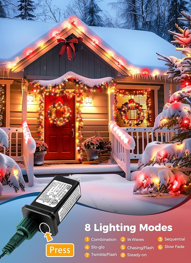 C9 Christmas Lights Outdoor Waterproof, 114 Feet 150 LED C9 String Lights with Timer & 8 Light Mode, Connectable Christmas Tree Lights for Indoor Outside Roofline Patio Decoration, Red & Warm White