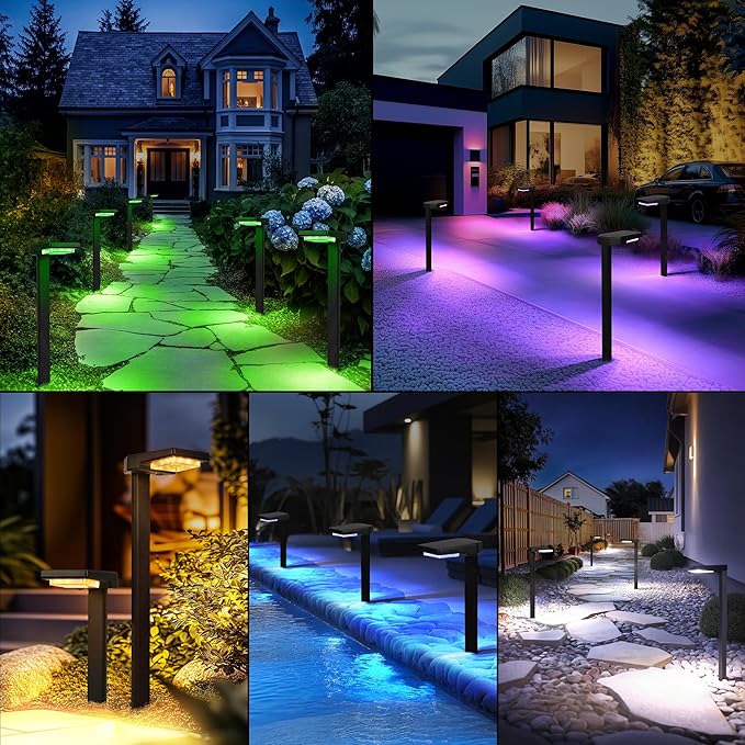 2 Pack Color Changing & Sync Smart Solar Pathway Lights, Solar Lights Outdoor Waterproof, 9 Modes (Warm White/Cool White/RGB) Landscape Lighting for Driveway, Walkway, Garden, Yard, Patio