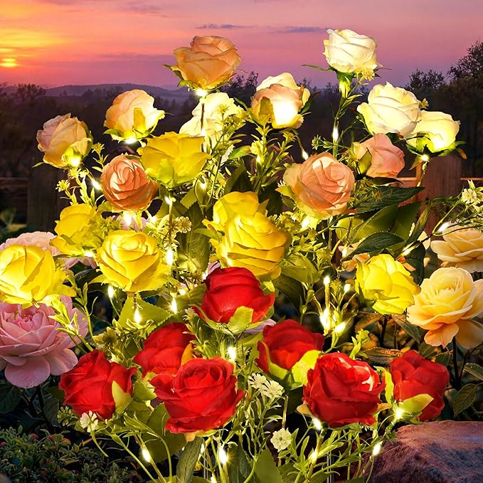 GIGALUMI Solar Lights Outdoor for Garden Decor, 4 Pack Solar Flower Lights Waterproof, 2 Lighting Modes 28 Rose Flowers for Pathway,Yard, Patio Decoration, Gardening Gifts for Women (Multi-Colored)