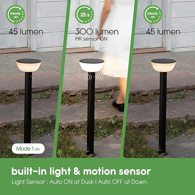 Basin Series - 24.5" Solar Pathway Lights - Walkway Lights for Outside - PIR Sensor & Three Lighting Modes - Rechargeable Battery Lasts Up to 35 Hours - 2700K - Dark Sky Friendly - 4 Pack
