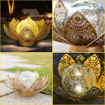 Solar Lights Outdoor Waterproof Lotus Flower Metal Yard Art Decoration Crackle Globe Glass Solar Lamp Garden Decor for Outside, Flowerbed Lawn Patio Porch Pathway Pond Decorations