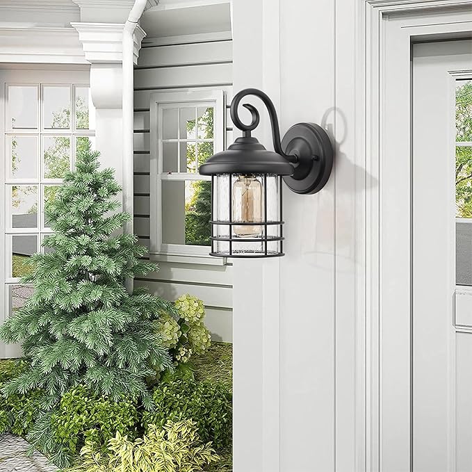 MICSIU 9.8-Inch Black Outdoor Wall Sconce, Exterior Light Fixture with Seedy Glass Cylinder, 5.5" Wide Weather Resistant Outside Wall Mount Lantern for House, Porch, Garage, E26 Base