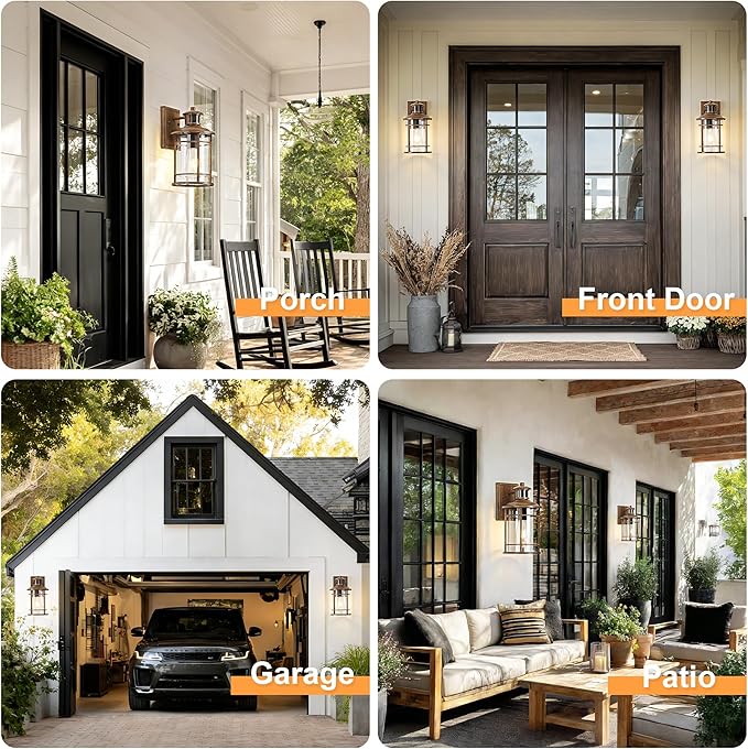 OKELI Motion Sensor Outdoor Wall Lights-Dusk to Dawn Porch Light,Faux Wood Grain Outdoor Lights Fixture,3 Lighting Modes Waterproof Anti-Rust Outdoor Lights for House Porch Garage (2 Pack