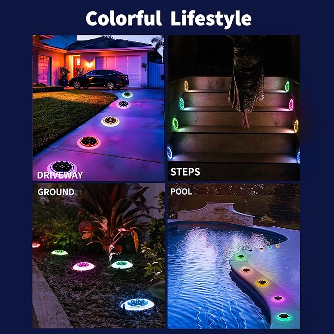Solar Dock Lights, Color Changing 48 LEDs Super Bright Disc Driveway Light, Outdoor Waterproof Flat Low Profile, Anti-Trip&Anti-Slip for Marine, Ground, Pool, Pier, Deck (RGB-W, 12Pack)