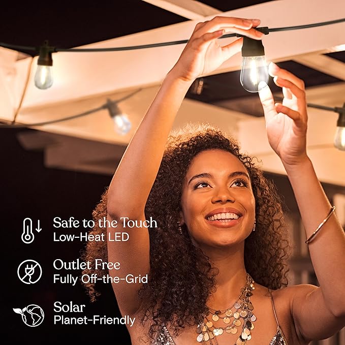 Brightech Bundle Ambience Pro Solar Powered Outdoor String Lights, 48 ft + Portobello Cordless LED Touch Table Lamp