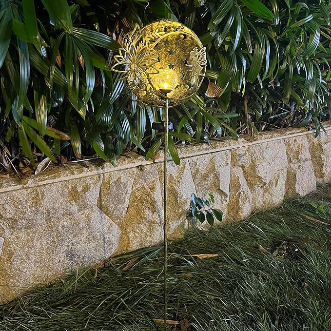 Fairy Solar Light Outdoor Decoration Garden Hollow Carving Sun Flowers Crackle Glass Ball Metal Stake for Pathway Patio Lawn Yard Mother Gift (Floral Fairy), Antique Brass