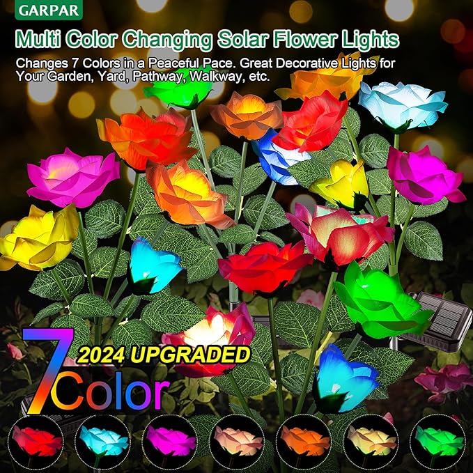 Solar Lights Outdoor Waterproof, 2026 Upgraded Solar Garden Lights with Beautiful & Realistic Rose Flowers, 7 Color Changing Outdoor Solar Lights for Outside Yard Porch Patio Garden Decor, 3 PK