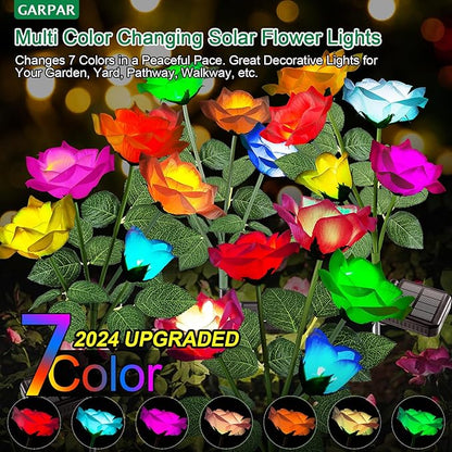 Solar Lights Outdoor Waterproof, 2026 Upgraded Solar Garden Lights with Beautiful & Realistic Rose Flowers, 7 Color Changing Outdoor Solar Lights for Outside Yard Porch Patio Garden Decor, 3 PK