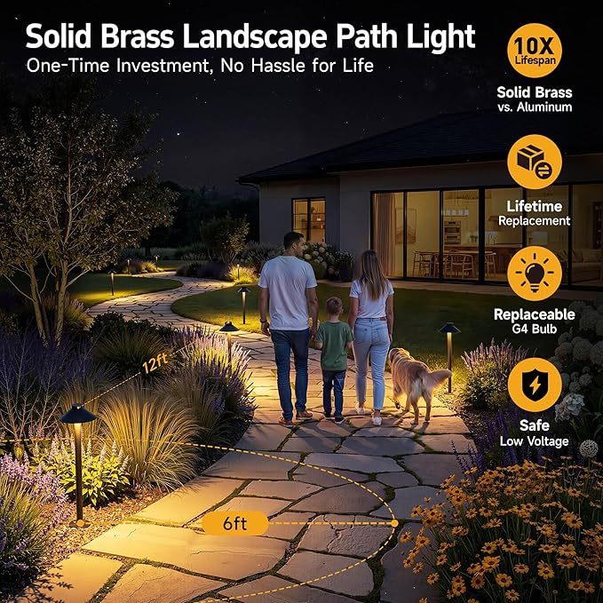 Gardenreet Low Voltage Landscape Path Light, Solid Brass Pathway Light IP65 Waterproof, Hat Shaped 12V Wired, Black | Lumora