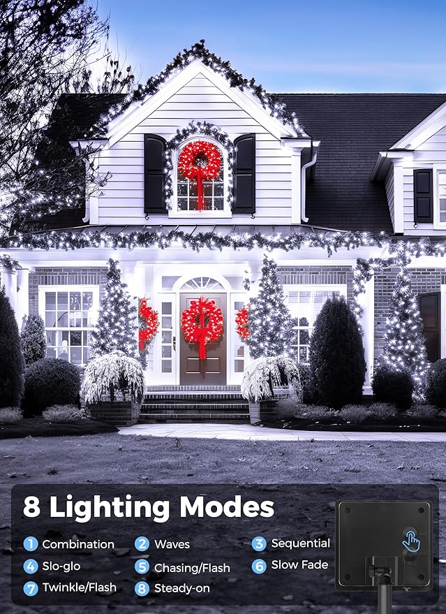 Solar Lights Outdoor Waterproof, 2 Pack Total 144FT 400 LED Solar Powered String Lights with 8 Lighting Modes, Solar Patio Lights, Solar String Lights for Outdoor Outside Tree Balcony, Pure White