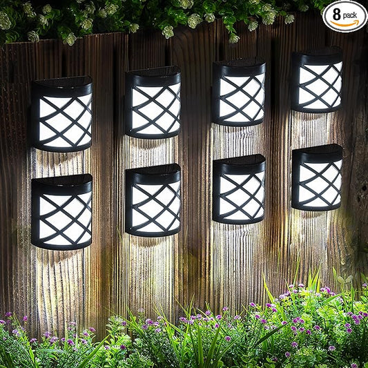 GIGALUMI 8 Pack Solar Fence Light Cold White Porch Solar Powered Decor Outdoor Waterproof Wall Fence Lights for Garden, Yard, Patio, Front Door, Garage