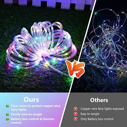 Jnaurb 2-Pack Battery Operated Rope Lights for Outside, Total 66FT 200LED 8 Modes Battery Operated String Lights, Waterproof Christmas Fairy Light with Remote for Outdoor Indoor Xmas Decor -Multicolor