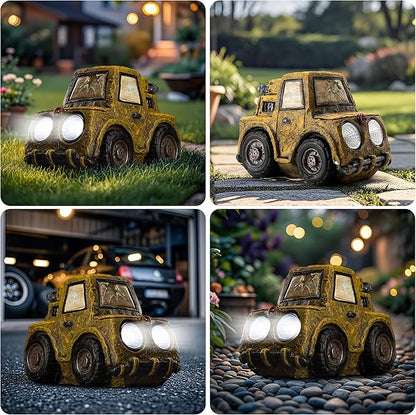 Garden Statue Outdoor Solar Car Decor with LED Light Vintage Resin Sculpture Truck Rustic Decoration for Lawn Patio Yard Gifts for Women