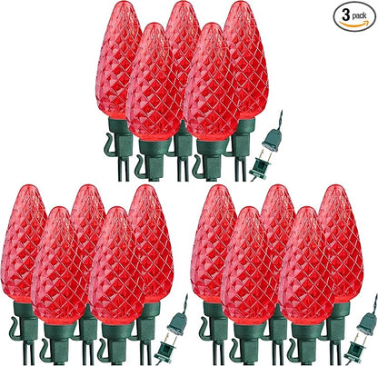 Brizled Red String Lights, 16ft 25 LED Faceted C9 Chrsitmas Lights, Connectable 120V UL Certified Tree Lights, Indoor Outdoor Christmas String Lights for Xmas, Patio, Party (Pack of 3)