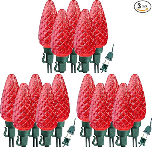 Brizled Red String Lights, 16ft 25 LED Faceted C9 Chrsitmas Lights, Connectable 120V UL Certified Tree Lights, Indoor Outdoor Christmas String Lights for Xmas, Patio, Party (Pack of 3)
