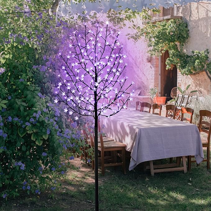 FUCHSUN 6 FT 200 LED Solar Cherry Blossom Tree Light, Lighted Garden Tree Outdoor Pathway Lights for Patio Yard Wedding Festival Home Christmas Decoration (Purple)