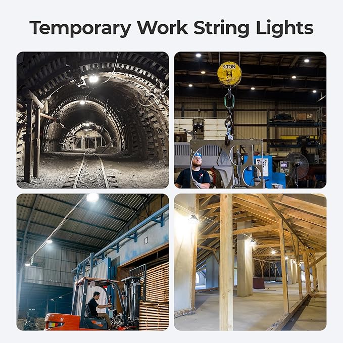 Aluminum Shell Construction String Lights：50FT 125W Linkable ETL Listed Super Bright LED Industrial Outdoor Temporary Lighting String Hanging Work Lights for Attic Jobsite