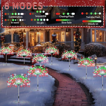 Enhon 4 Pack Plug in Christmas Pathway Firework Lights, 1440 LED Waterproof Xmas Garden Starburst Stake Lights with 8 Modes for Driveway Walkway Yard Lawn Patio Decorations(Red, Green, White)