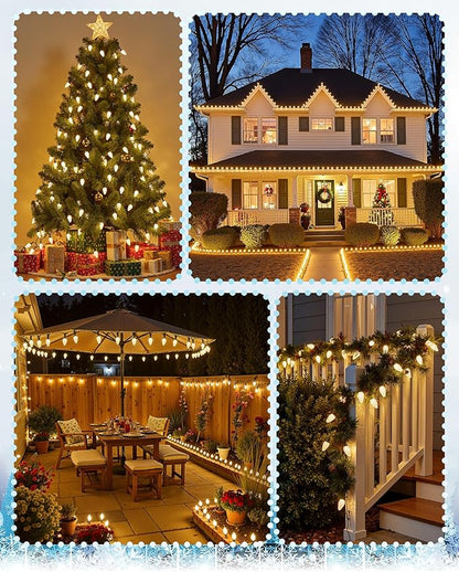 C9 LED Christmas Lights Outdoor with 100 Spring Clips, 65FT 100 LED C9 String Lights Waterproof Connectable for Outside Roofline Patio House Yard Windows Garden Christmas Decorations, Warm White