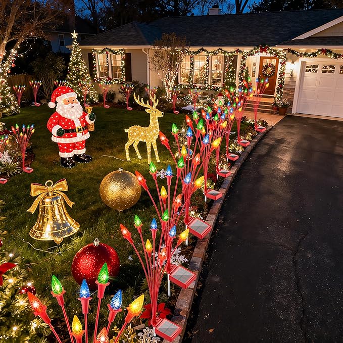 4 Packs Christmas Berry Solar Garden Light with Multiple Colors, Auto ON/Off Solar Lights Outdoor Swaying in The Wind, Christmas Decorating Outdoor Yard Light for Pathway, Pond, Courtyard