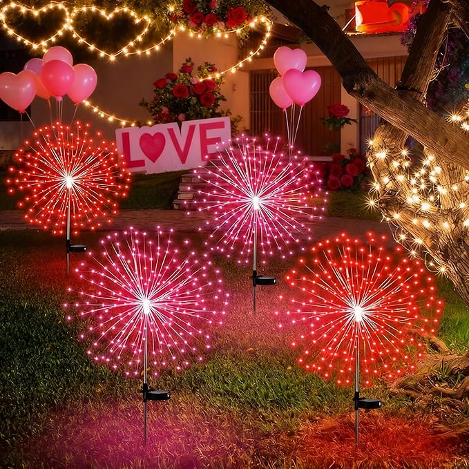 4 Pack Valentines Day Solar Firework Lights 180 LED 8 Lighting Modes Waterproof Solar Lamps Decorative Garden Stake Lights for Valentines Wedding Party Pathway Patio Decor