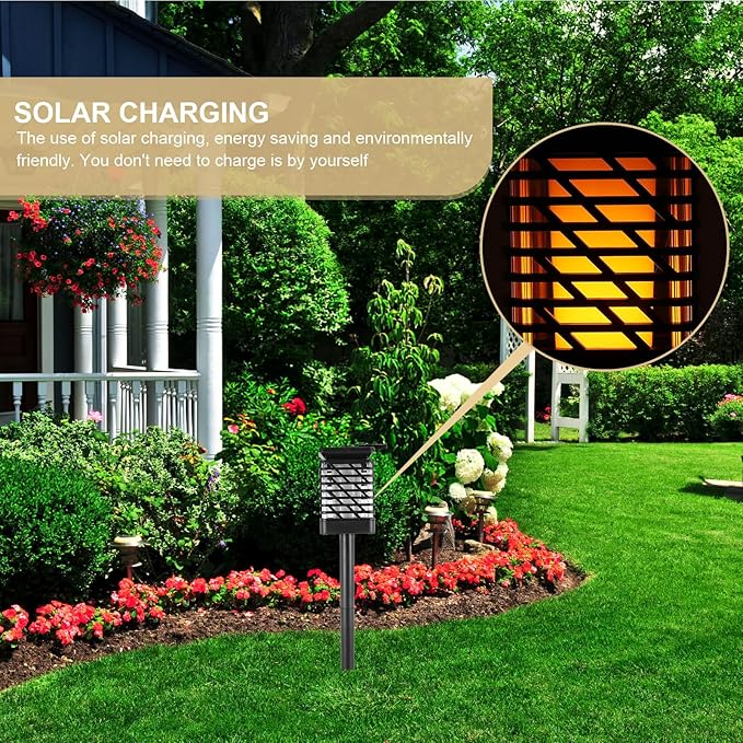 Vintage Solar Garden Landscape Light, Outdoor Yard Wall Lamp with Hanging Black Geometric Shade, Warm Flame Effect Solar Pathway Lantern for Patio and Courtyard