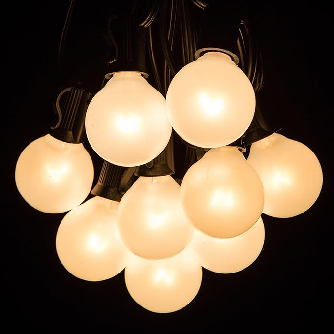 Hometown Evolution, Inc. White Pearl Outdoor Patio Globe String Lights (100 Foot G40 White Pearl 1.6 Inch Bulbs +5 Free Spares - Black Wire)