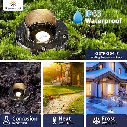 Gardenreet Low Voltage Brass Well Lights - 12V Replaceable Bulb Weatherproof In-Ground LED Fixture, Hardwired Fixture, Antique Bronze for Wall Tree House with 2700K Warm White MR16 Bulb