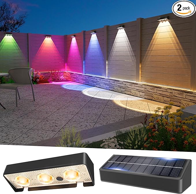 Solar Fence Lights 2 Pack, Warm White, Cool White and RGB Color Glow LED Solar Light, IP65 Waterproof Fence Lights Solar Powered for Patio, Deck and Wall