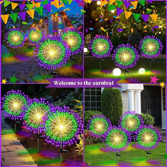 4th of July Decorations Outdoor 4 Pack Colored Solar Firework Lights with 180 LED Patriotic Solar Lights 8 Lighting Modes for Yard Pathway Garden Patio Party Decorations(Green, Yellow, Purple)