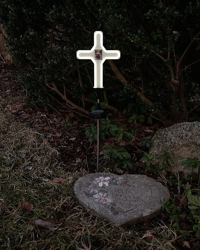 Touch Of ECO Solar Neon Memorial Cross Outdoor Garden Stake Light w/Personalized Picture Frame - Honor Pets, Humans, Graves Cemetery Decorations Markers, Cool White LED Light