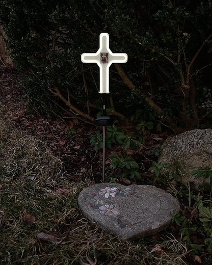 Touch Of ECO Solar Neon Memorial Cross Outdoor Garden Stake Light w/Personalized Picture Frame - Honor Pets, Humans, Graves Cemetery Decorations Markers, Cool White LED Light