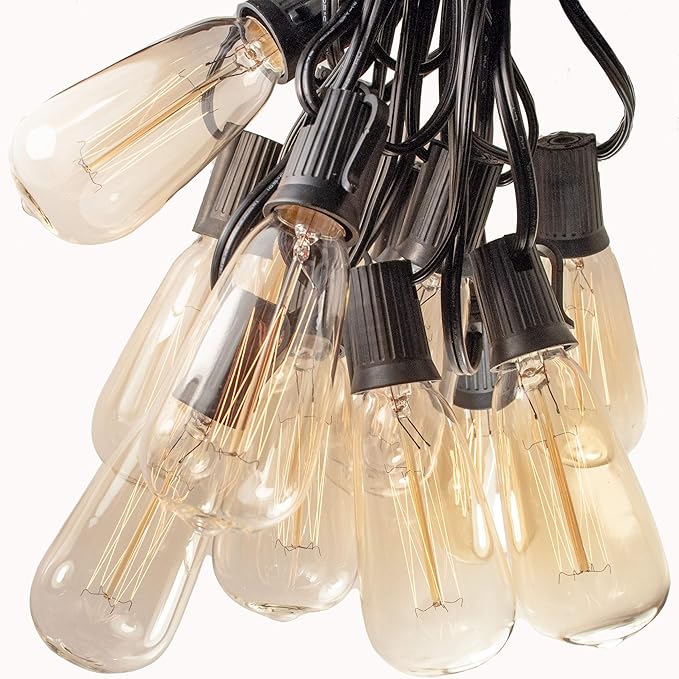 Hometown Evolution, Inc. Edison Bulb Outdoor String Lights with Hand-Threaded Filament (ST40 Lantern Edison - Black Wire, 50 ft)