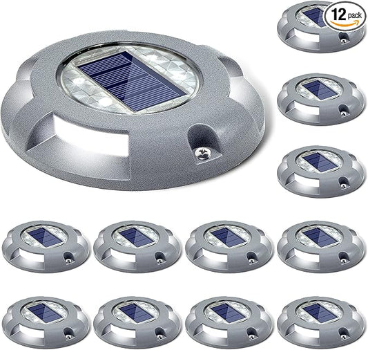 SIEDiNLAR Solar Deck Lights Driveway Dock LED Light Solar Powered Outdoor Waterproof Road Markers for Step Sidewalk Stair Garden Ground Pathway Yard 12 Pack (White)