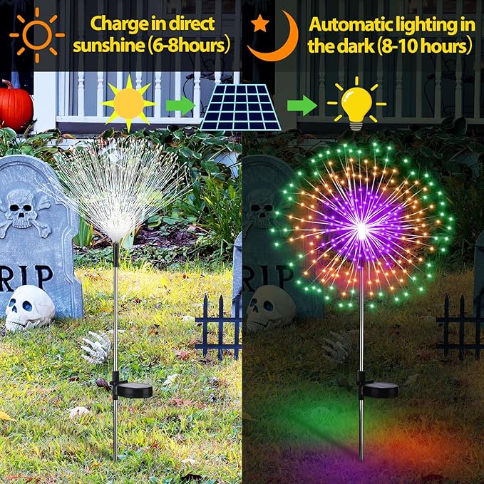 4th of July Decorations Outdoor 4 Pack Colored Solar Firework Lights with 180 LED Patriotic Solar Lights 8 Lighting Modes for Yard Pathway Garden Patio Party Decorations(Green, Orange, Purple)