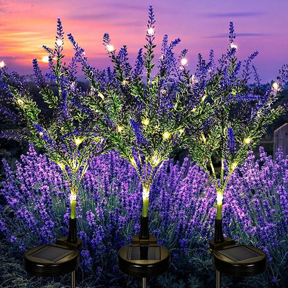 GIGALUMI Solar Garden Lights with Lavender, LED Garden Decor Carefree Solar Flowers Outdoor Waterproof, Yard Decorations Outdoor, Allergy-Free Everlasting Light up Flowers for Yard Patio (Set of 3)